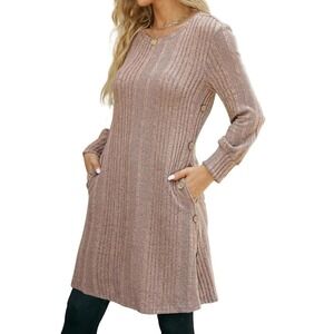 Kikibell Tunic Dress Size M Brown Ribbed Knit Button Detail Cozy Soft Girl Fall
